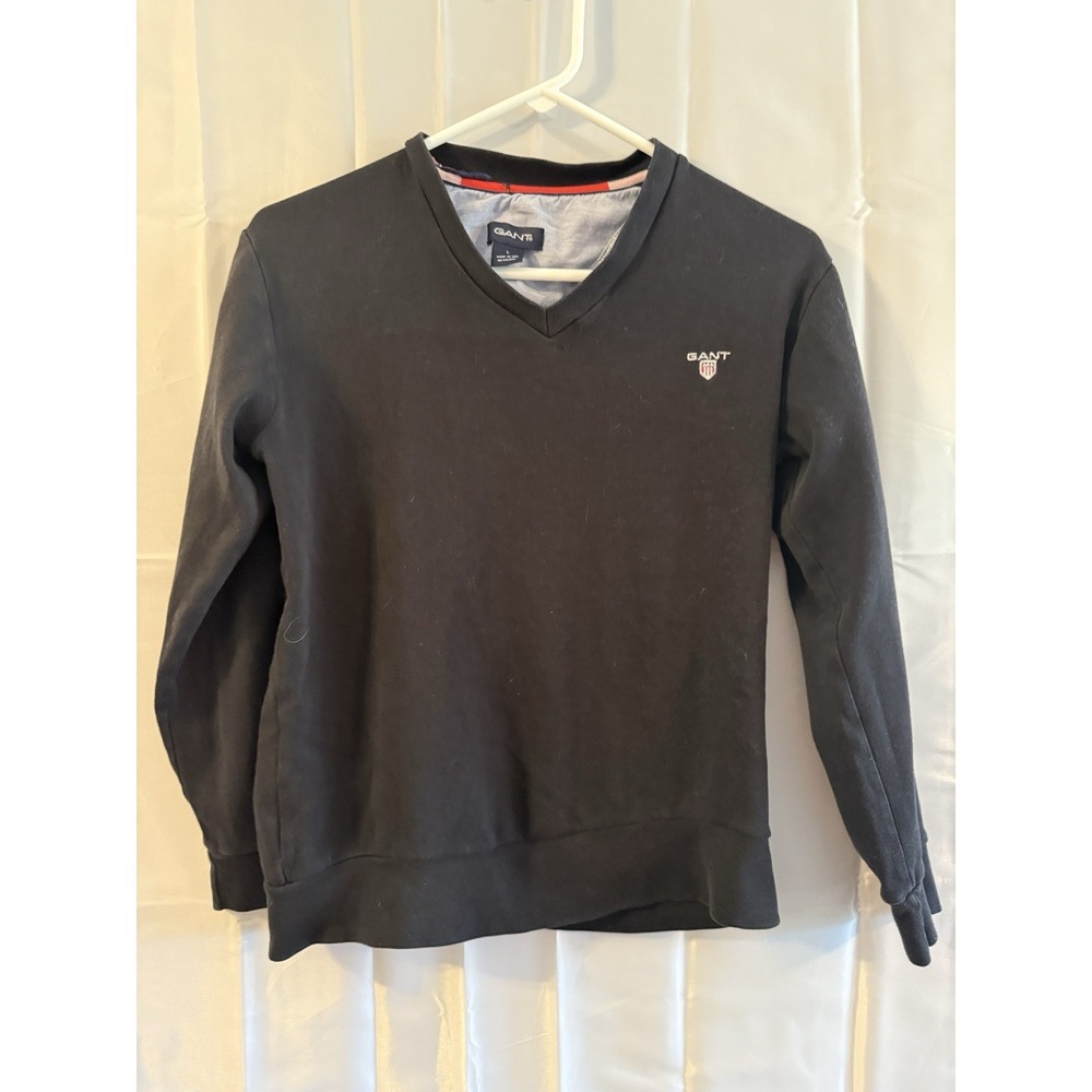 GANT Mens L (fits Like A M) V Neck Cotton Wool‎ Jumper Sweater Black Soft
